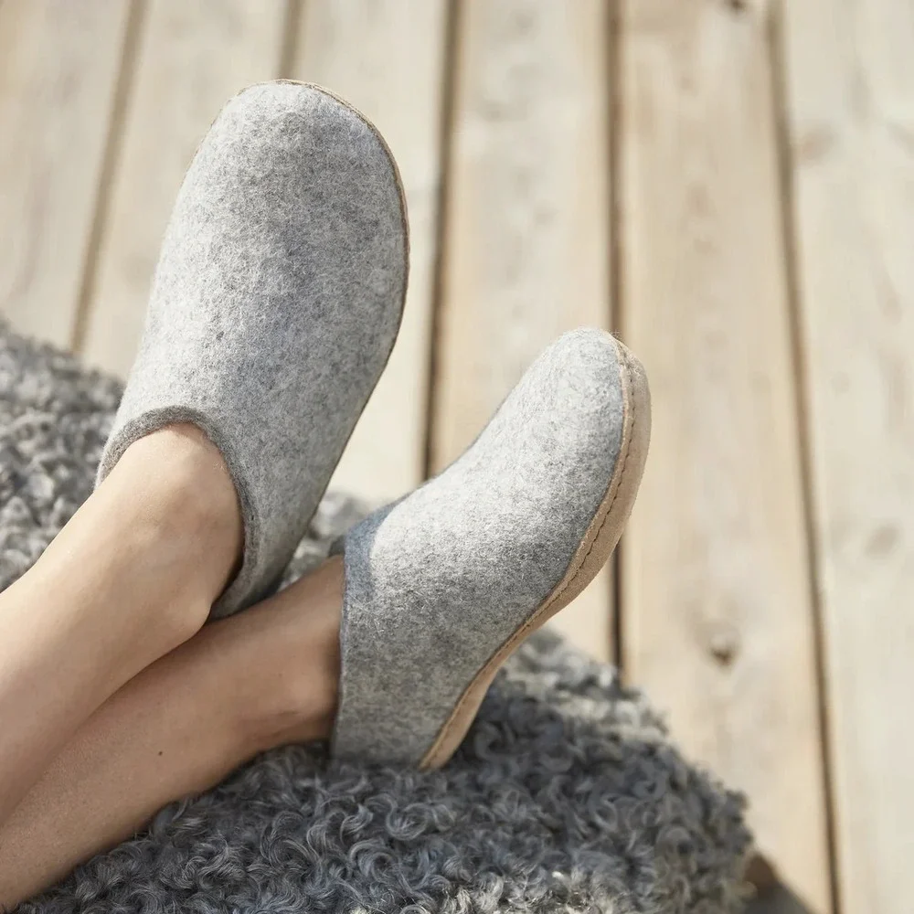 Glerups Wool Shoe W/ Leather Sole Grey Slippers EU Size 38 Equals US W 8 | M 6.5 - Picture 1 of 14